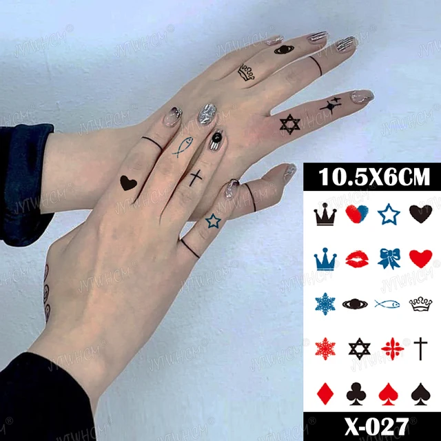Pegatina de tatuaje temporal impermeable para mujeres, tatuaje pequeño pintado a mano, arte corporal, tatuaje falso, dedo, Henna, Flash, negro 5