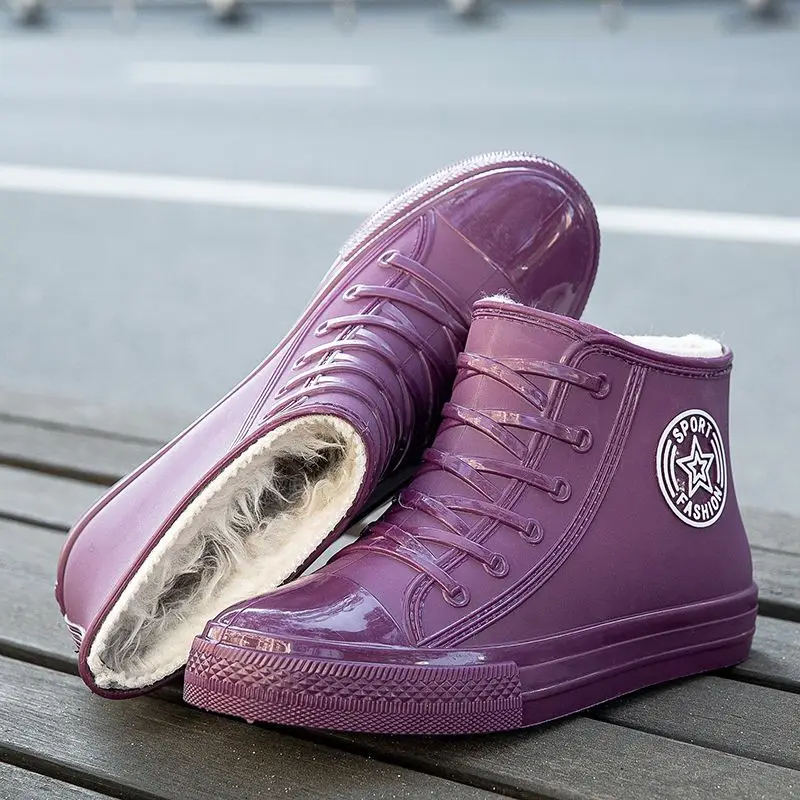 

Fashion Waterproof Purple Rainshoes High Top Women's Fur Lined Insole Rain Boots Non-slip Designer Girls Fake Zip Rain Shoes