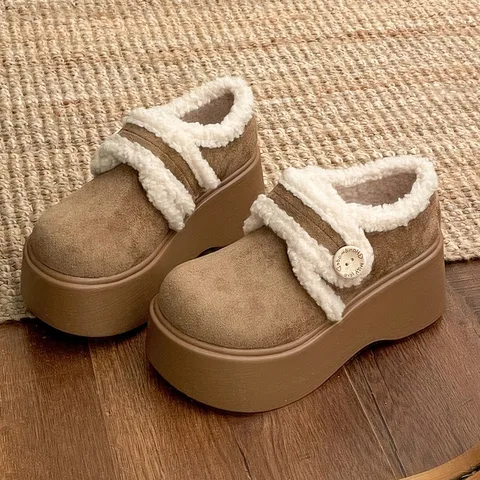 Женские лоферы на меховой подкладке, лаконичная обувь без шнуровки с круглым носком, осенне-зимняя теплая хлопковая женская обувь на толстой подошве