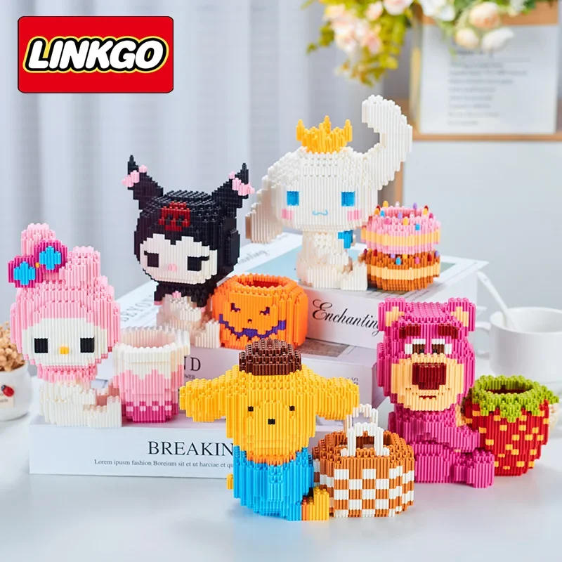 Строительные блоки Sanrio Linkgo Cinnamoroll Kuromi Melody контейнер для ручек сделай сам помпон