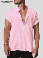 handsome all match mens blouse casual v neck solid color comfortable welll fitting short sleeve shirts s 5xl incerun tops 2022