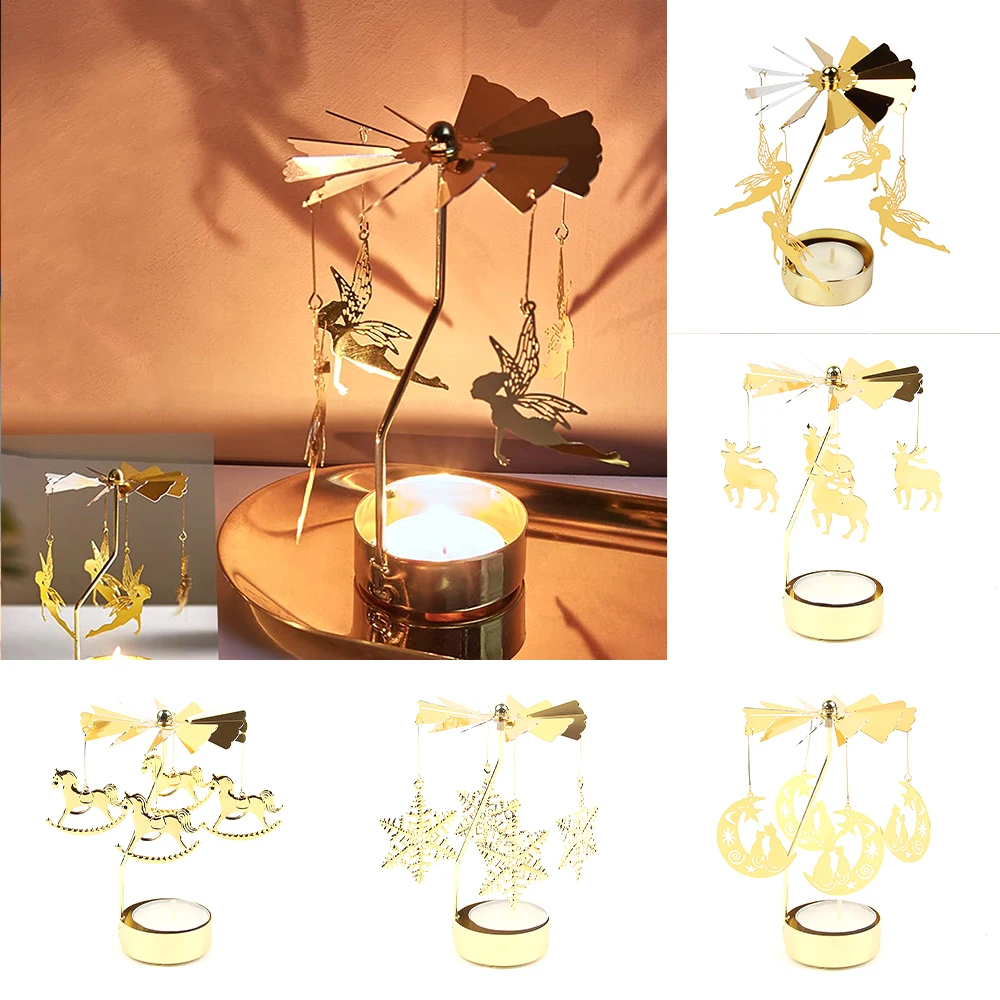

Gold Rotating Candle Holder Spinning Carousel Tealight Candlestick Table Ornaments Wedding Party Christmas Gift Home Decoration