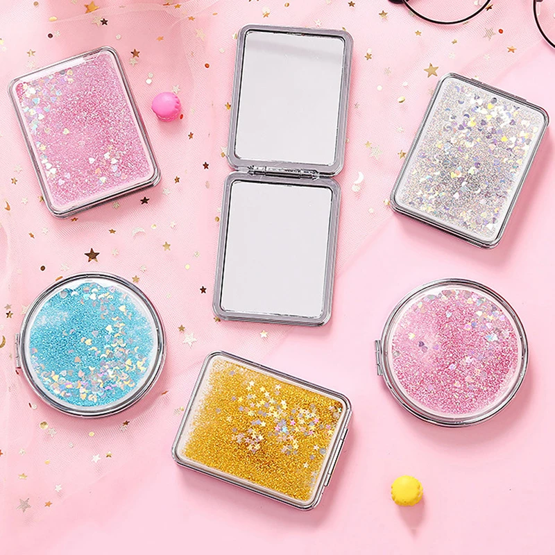

Portable Double-Sided Folding Cosmetic Mirror Female Gifts With Flowing Sparkling Sand Mini Makeup Mirror Compact Pocket Mirrors