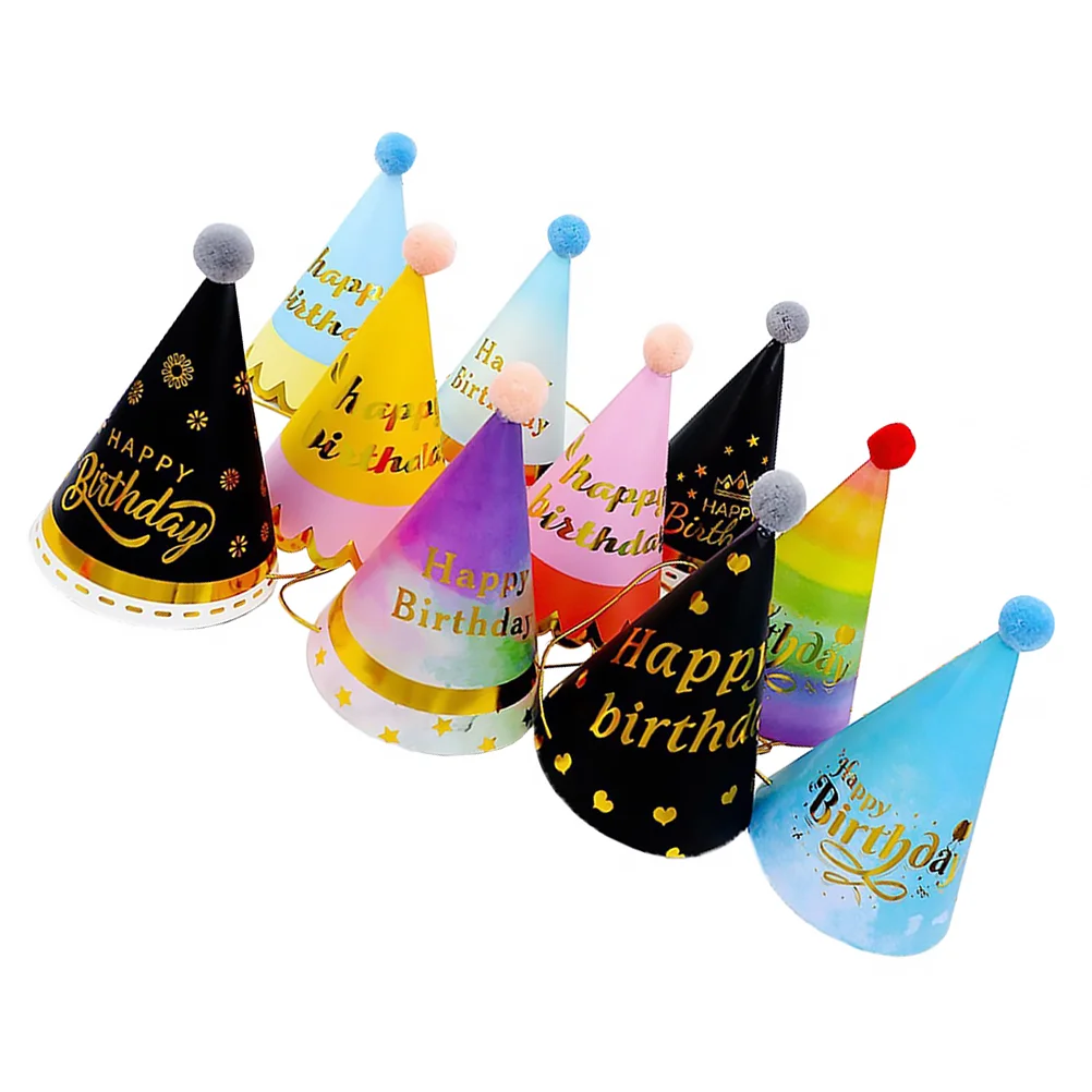 

10 Pcs Birthday Paper Cap Hat Kids Mini Pom Poms Cone Hats Bonnets Babies Party