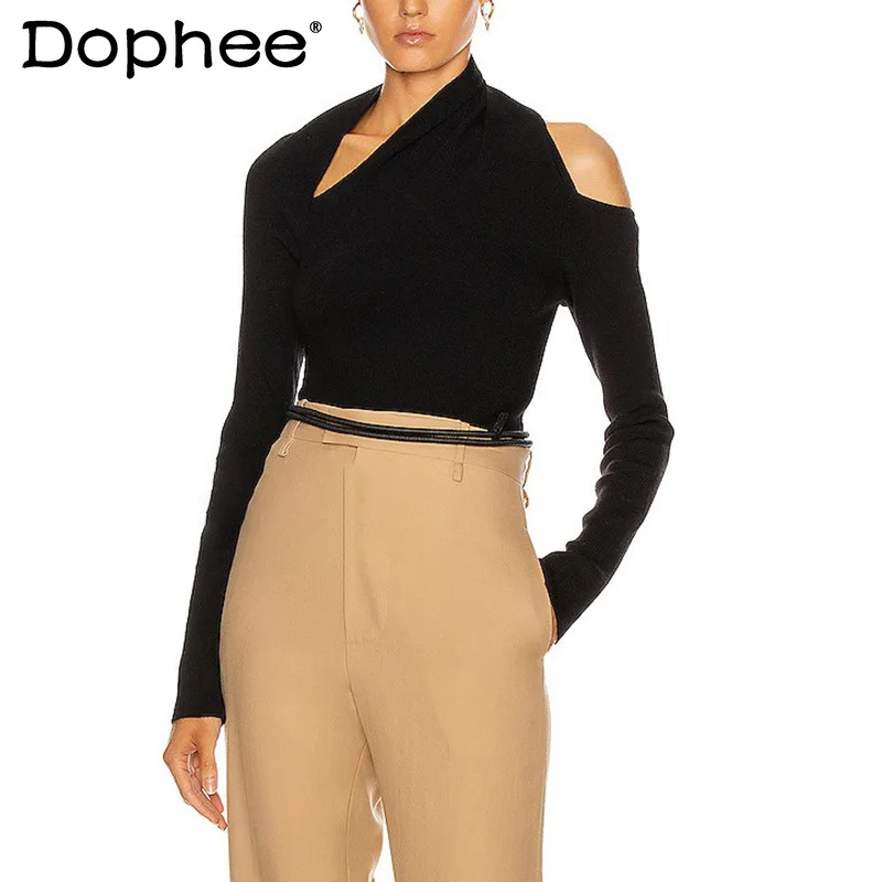 

Асимметричный пуловер, свитер, топ, новинка сезона весна-осень 2022 года, одежда, однотонный, с вырезами, с открытыми плечами, тонкий черный уко...