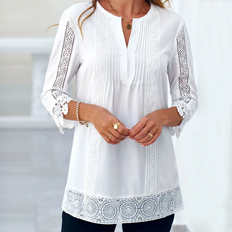 

2022 Summer Autumn White Blouse New Women's Fashion Casual V Neck Cropped Sleeve Straight Top Elegant Pullover Lace Tees Shirt
