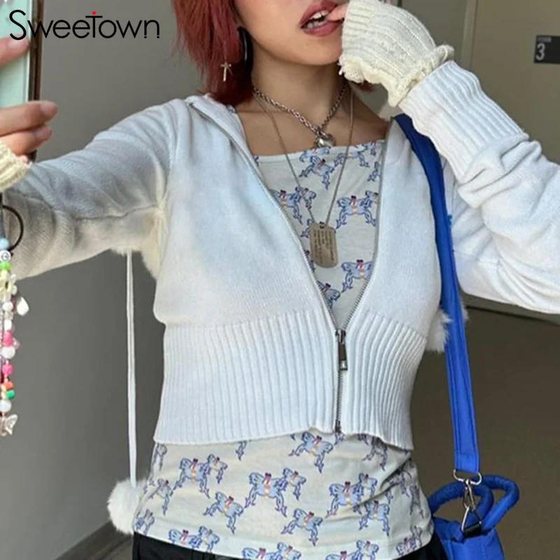 

Sweetown Hooded Kawaii Woolen Sweater Jacket White Hairball Cute ZipUp Slim Women Casual Korean Fashion Long Sleeve Y2K Cardigan