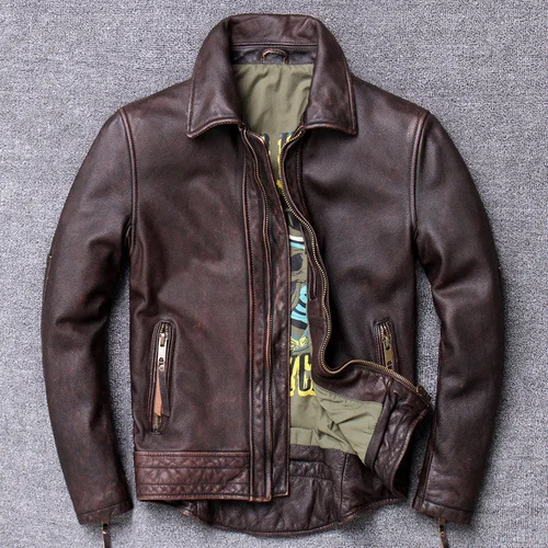

100% Genuine Leather Jacket Mens Fall Winter New First Layer Cowhide Leather Coats Slim Fit Short Lapel Motorcycle Biker Jacket