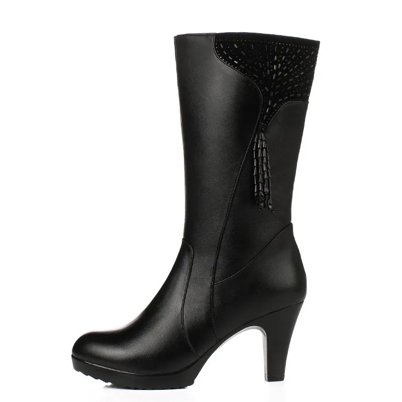 Women's Winter Boots High-heel Genuine Leather Tapered  Fashion Wool Women's Boots Large Size 41 42 43 Women's Dress Shoes boots