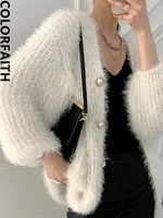 Colorfaith New 2022 Elegant Lady Mohair Cardigans Weed Fashionable Oversized Knitwear Women's Autumn Winter Sweaters SWC3379