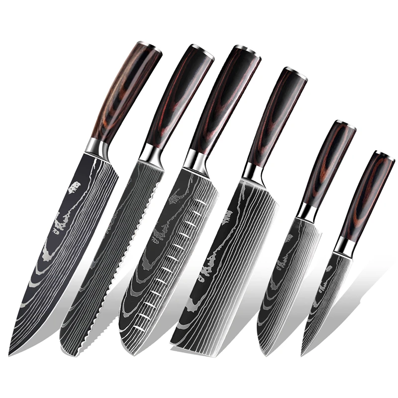 6PCS Chef Knife Stainless Steel Laser Damascus Pattern Knives Kitchen Sharp Santoku Sushi Cleaver Slicing Utility Tools - купить по