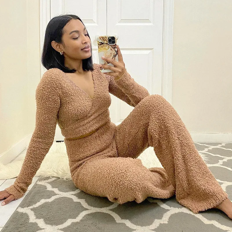 Модные флисовые пушистые уютные комплекты из 2 предметов женский сексуальный