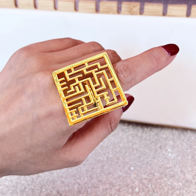 

24K Gold Plated Sweet Geometric Square Ring Dubai Ethiopia Luxury Large Ring Suitable for Party Prom Gift
