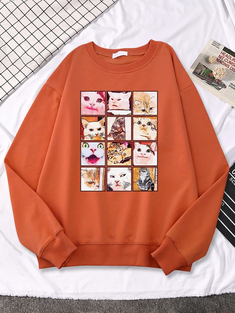 

12 Meme Cat Facial Expression Packs Printed Women Sweatshirt Creativity Casual Pullover Fashion Loose Hoodies Autumn Female Tops