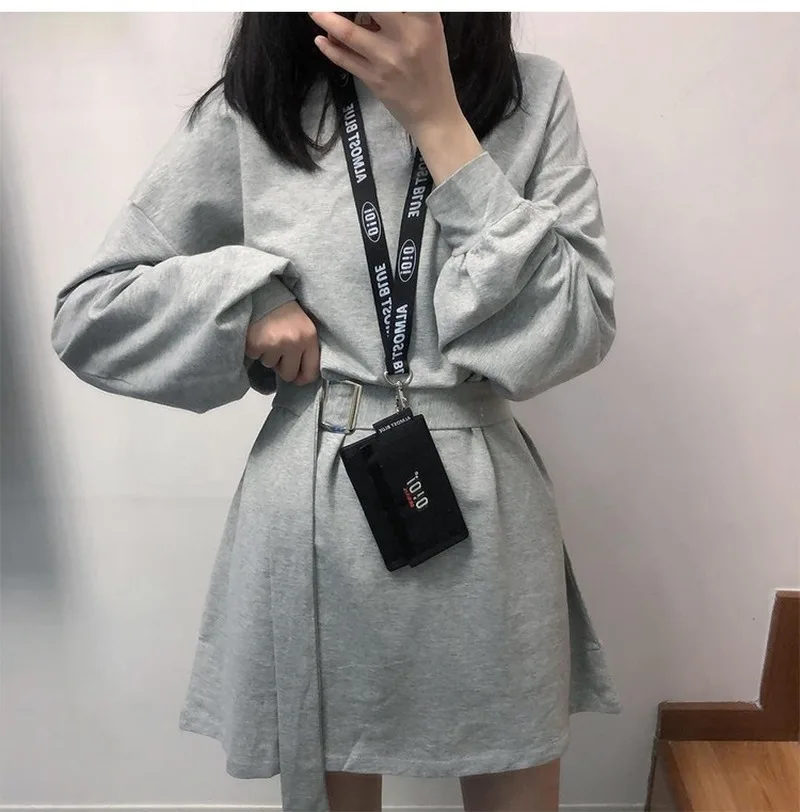 

Female Korean Dress T-shirt Skirt Female Waist Is Thin Spring and Autumn Solid Color Long-sleeved Dress Female Assembly Belt