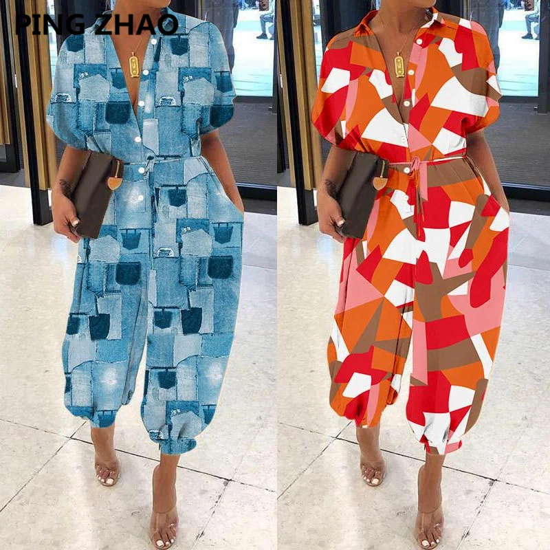 

2022 Summer Romper Women Sexy Print Retro Short Sleeve Casual Loose Buttons Jumpsuits