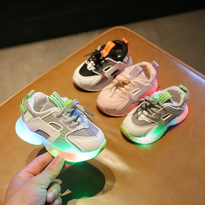 

Детская повседневная обувь, детские кроссовки для мальчиков и девочек, осенняя светящаяся модная дышащая сетчатая спортивная обувь со светодиодами