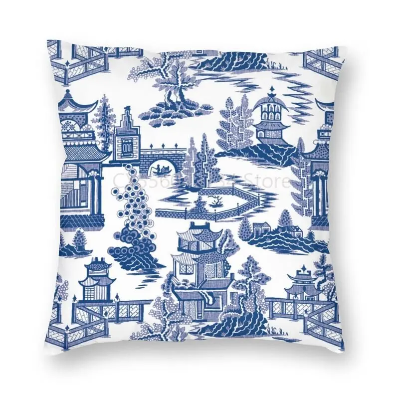 

Blue Willow Ancient Ming Porcelain Cushion Cover Chinoiserie Pattern Floor Pillow Case for Car Custom Pillowcase Home Decor