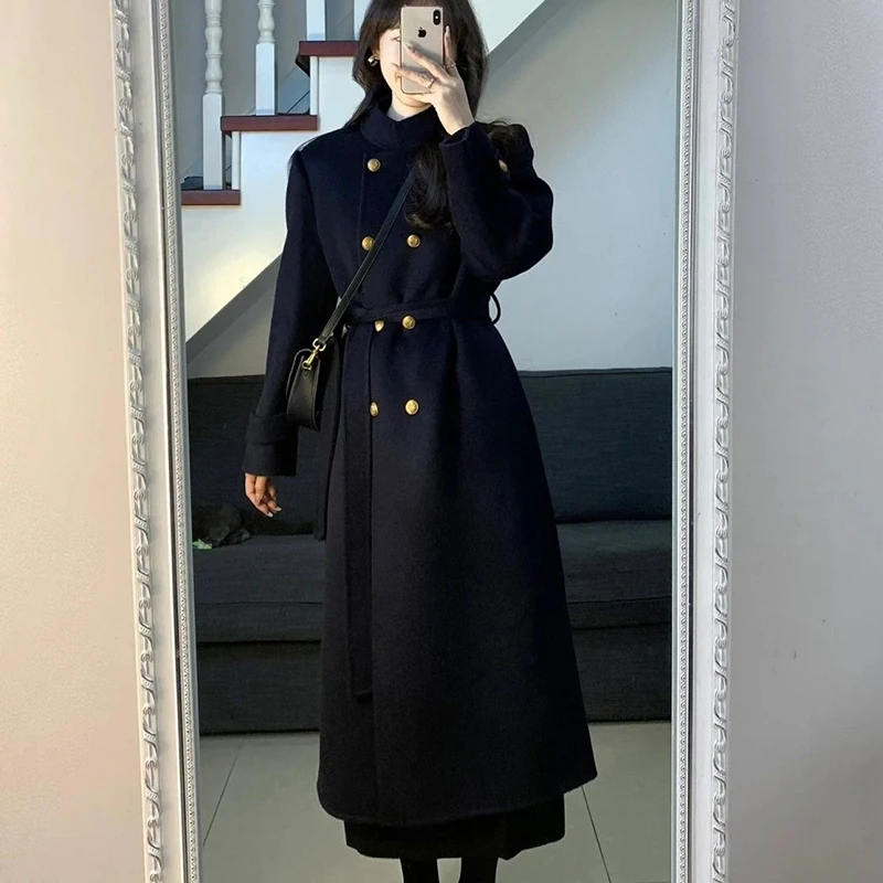 Осенне-зимнее твидовое пальто женское двубортное модное элегантное тонкое с