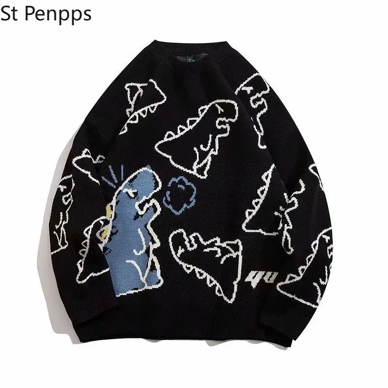 Кардиган в стиле Харадзюку С Рисунком динозавра черный свитер мужские винтажные