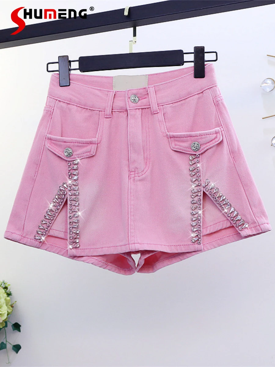 

2022 Summer New Short Jeans Exquisite Rhinestone All-Matching Pink Color Denim Shorts Women's Slim Fit Slimming Slit Pantskirt