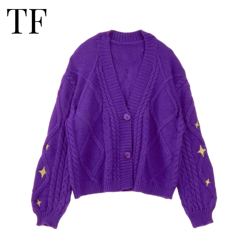 

Winter Purple Cardigan Women Star Embroidered Sweaters Limited Edition Tay Knitted Cardigans Lor Speak Vintage Now Sweater Tops