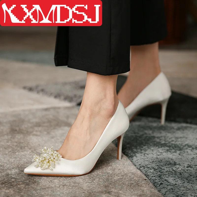 

Size 31-43 Heels Women White Wedding Shoes Bride New French Bridesmaid Shoes White Pearl Stiletto High Heel Party Shoes Women