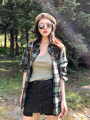 Circyy Green Plaid Shirts Women Blouse Spring Summer 2023 Vintage Loose Button Up Shirt Coat Casual Long Sleeve Tops Y2k Clothes