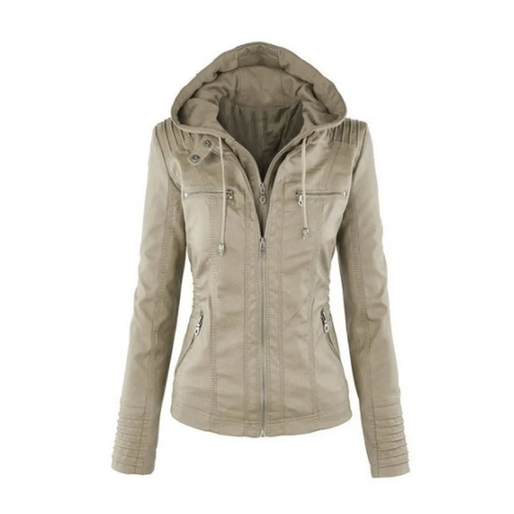 New Fashion Women's PU Leather Jacket Hooded Fake Two Pieces Jacket Long Sleeve zipper Jackets for Women Veste Femme