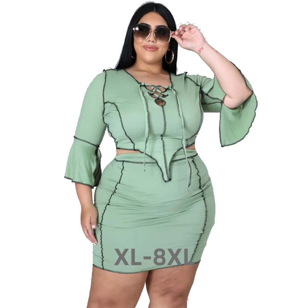 

Plus Size Women Clothing 2 Piece Skirt Sets for Women Ribbing Elastic Waist Above Knee Hight Waist Skirts Who 3xl 4xl 5xl 6xl