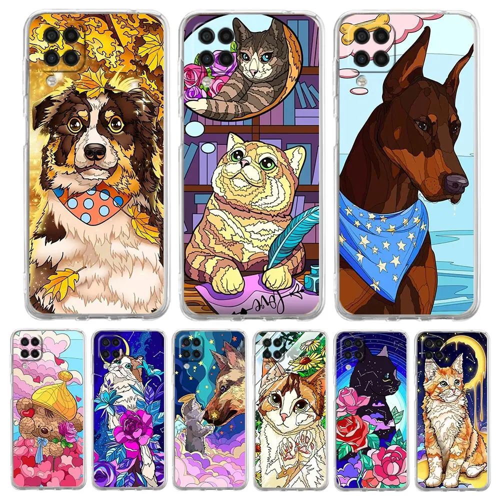 

Cartoon Cute Cats Dog Clear Phone Case For Samsung Galaxy A51 A71 A21S A12 A11 A31 A41 A52S A32 A01 A03S A13 A22 5G Soft Cover