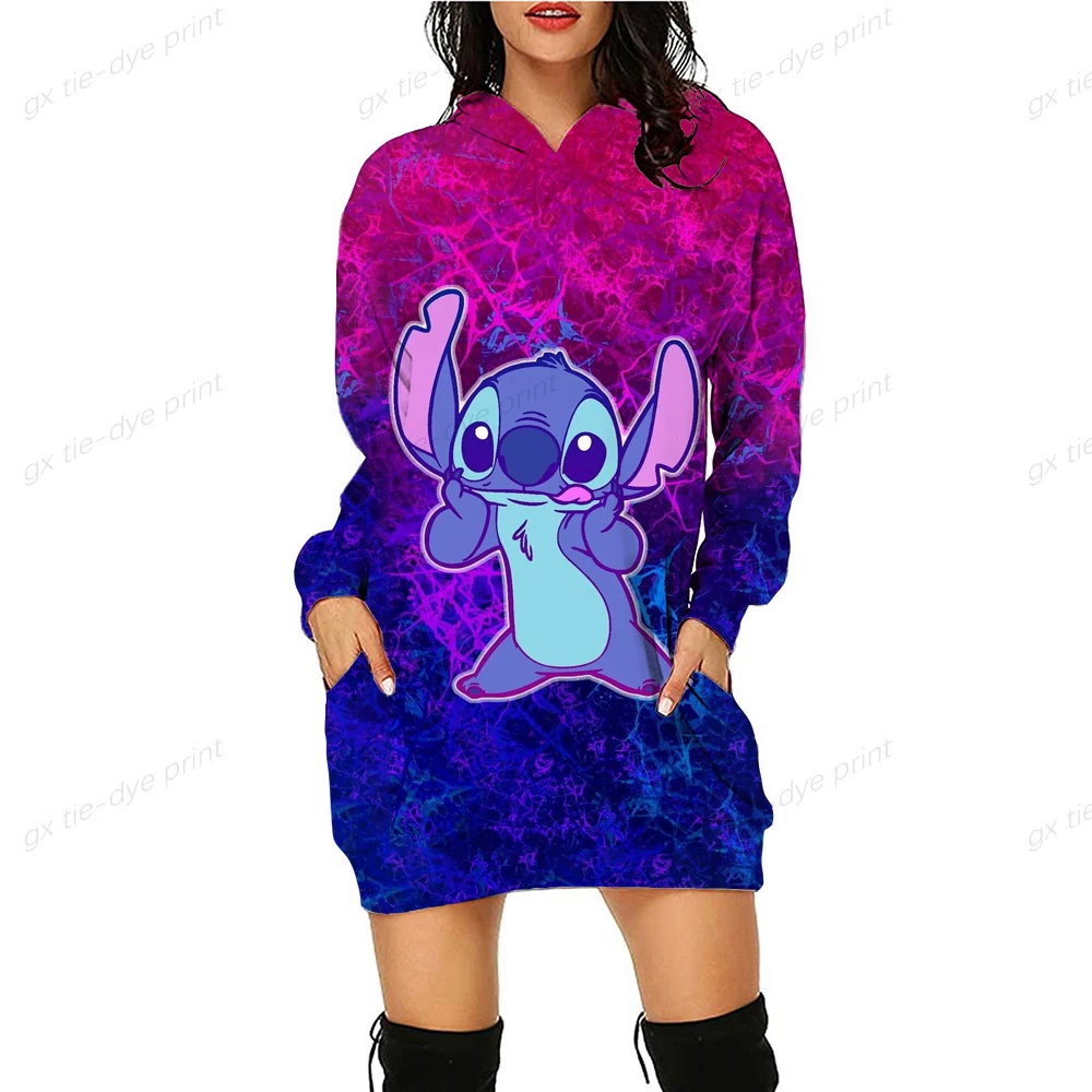 

Disney Gothic Design Stitch Autumn Women Hoodie Dress Fashion Sweatshirt Dresses for Women Pocket Hooded Casual Dress