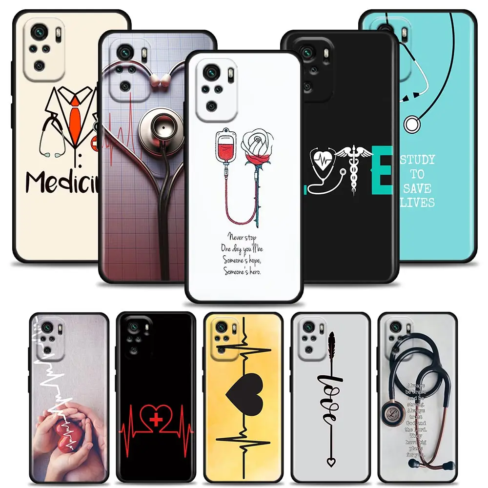 

Phone Case for Redmi 10 9 9A 9C 9i Case K20 K30 K40 Plus Note 10 11 Pro Soft Silicone Cover Heart and Stethoscop Nurse Love