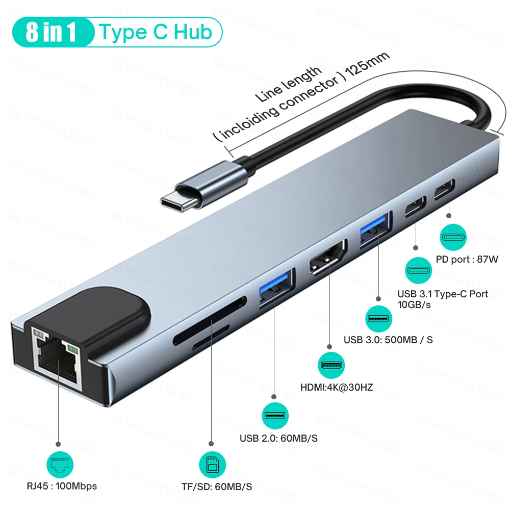 

Док-станция 8 в 1, USB Type-C, RJ45, 4K, HDMI