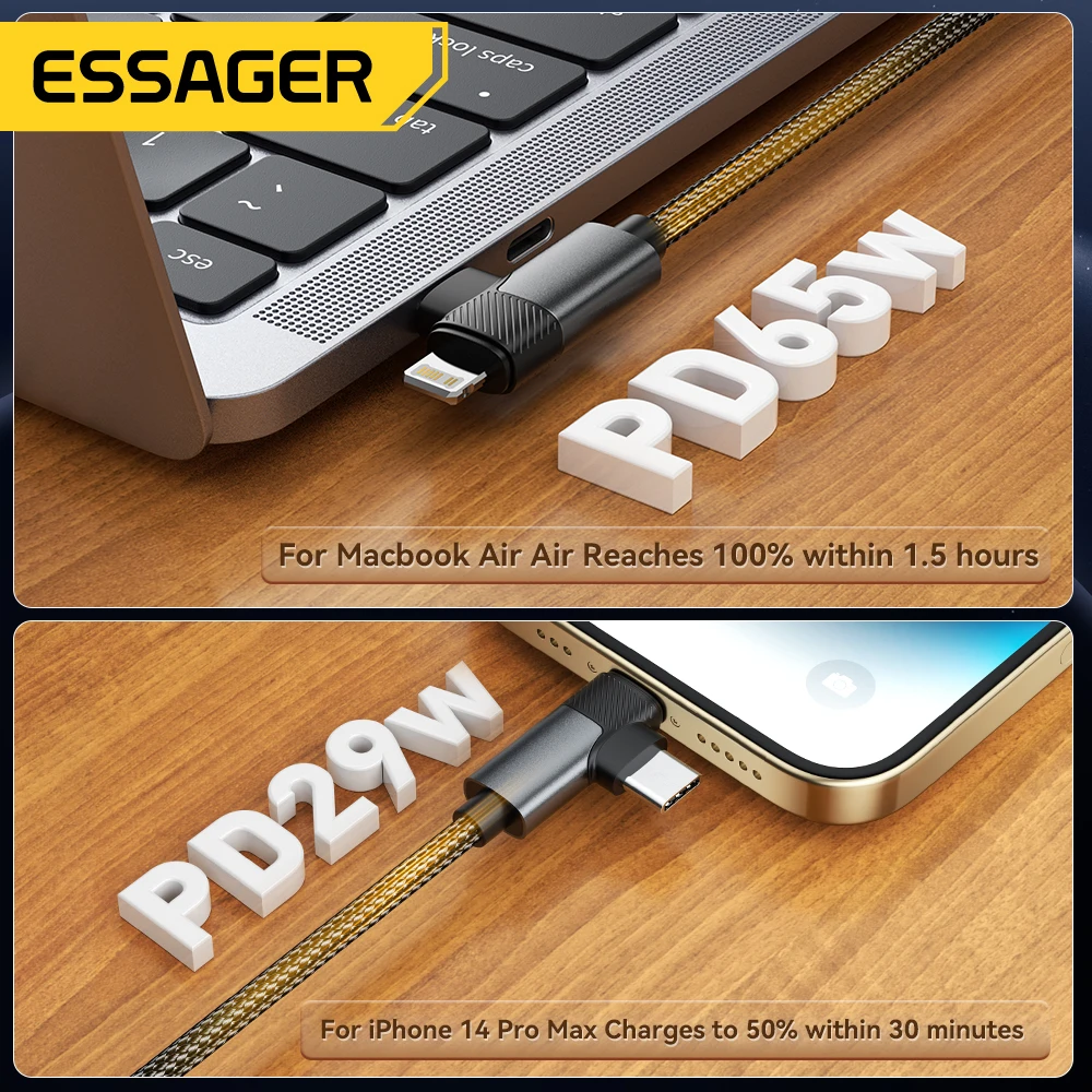 Фото Кабель зарядный Essager 2-в-1 с прямым углом, 65/29 Вт, для iPhone 15/14/13/MacBook/Lenovo/Asus/Dell/iPad Pro №4