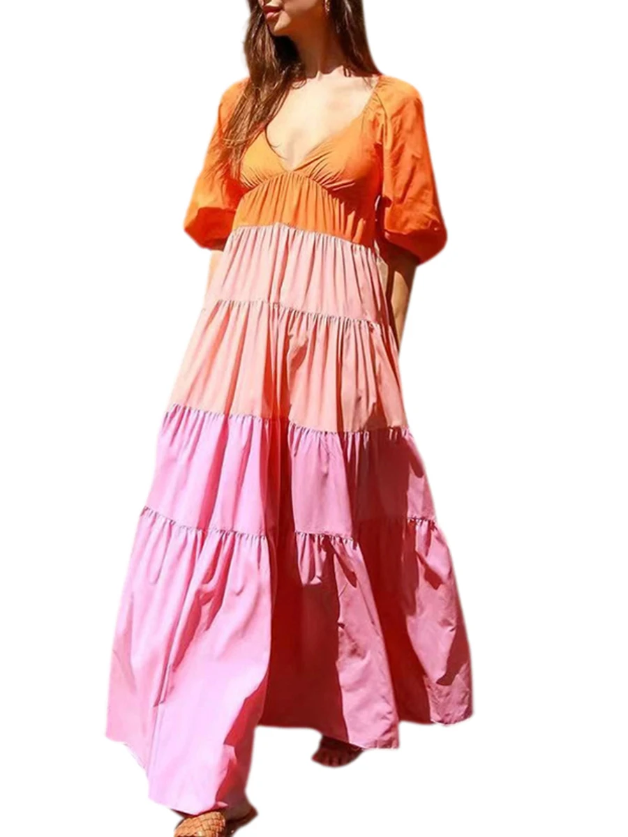 

Женский пляжный длинный сарафан с коротким рукавом и V-образным вырезом