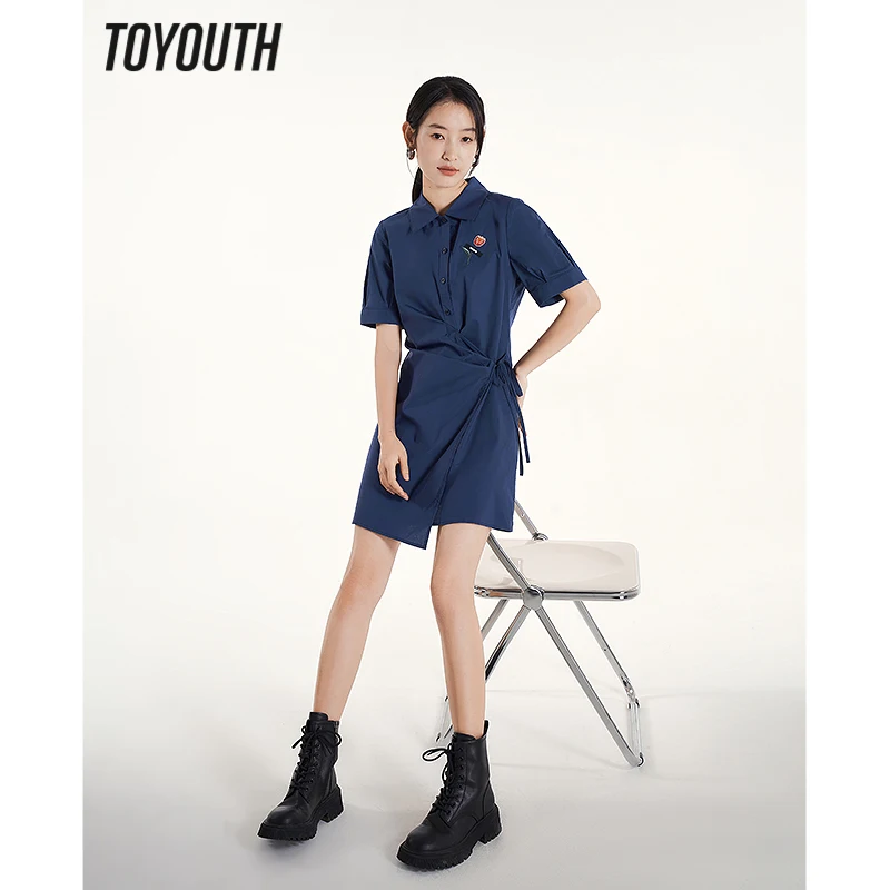 Toyouth Women Shirt Dress 2023 Summer Short Sleeve Polo Neck with Buttons A-shape Lace Up Waist Embroidery Casual Navy Skirt