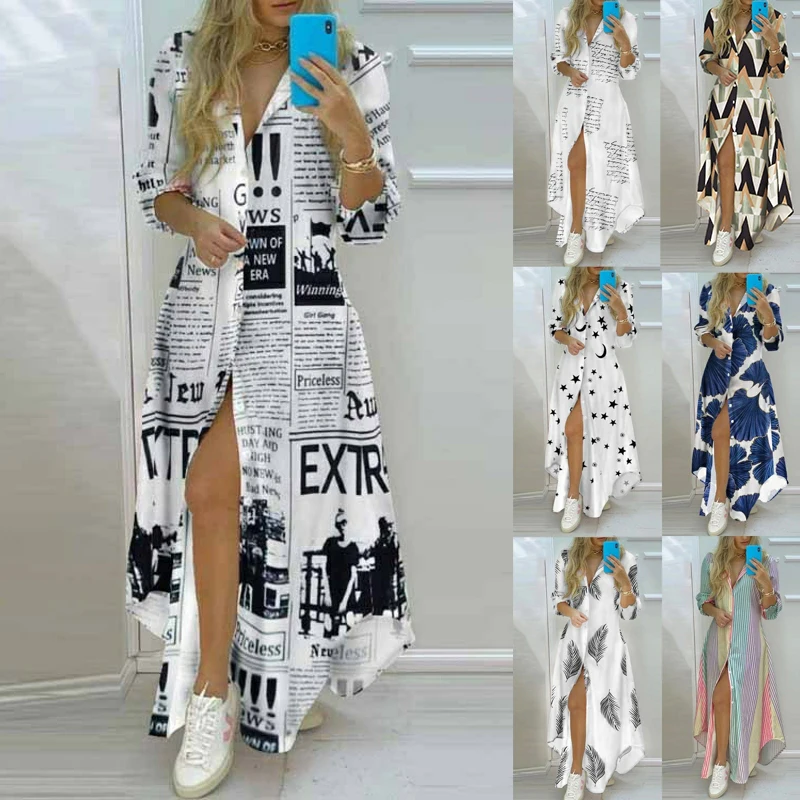 

2022 New Long Shirt Dress Women Single Breasted Button Lapel Long Sleeve Dress Spring Summer Letter Print Oversized Robe Dresses