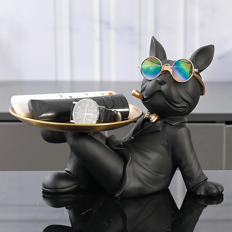 Cool French Bulldog Statue with Glasses Holder Metal Tray for Keys foods Storage Anime Figurine Craft Ornament Resin Decor Gift