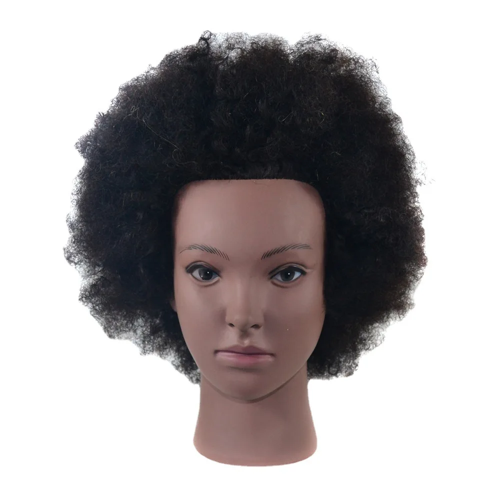 Beiyufei 8Inch Afro Training Head Mannequin 100% Human Hair Styling Head Dyeing Cosmetology Manikin Hairdressing Salon Doll Head