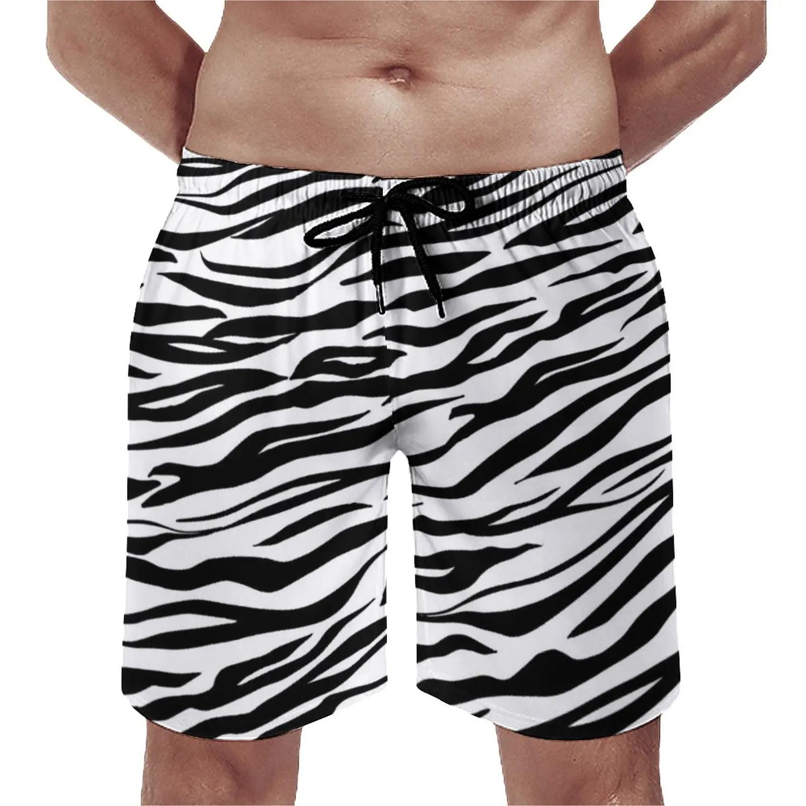 

Summer Board Shorts Black White Tiger Print Running Animal Stripes Board Short Pants Hawaii Fast Dry Swimming Trunks Plus Size