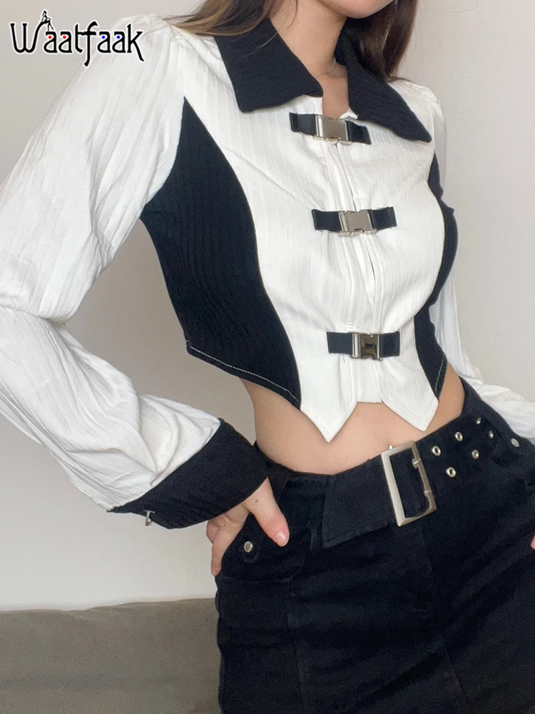 

Waatfaak Button Up Korean Long Sleeve T Shirt Patchwork Casual Turn-down Collar Y2K Aesthetic Tee Shirt Women Streetwear 2023