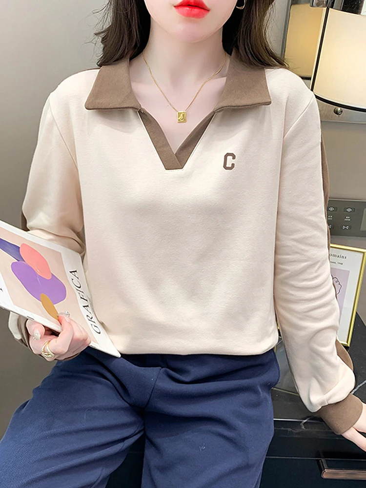 

BOBOKATEER Contrast Trim Long Sleeve Tee Shirt Femme Poleras Mujer Camisetas Collared V Neck Casual T Shirt Women Autumn Clothes