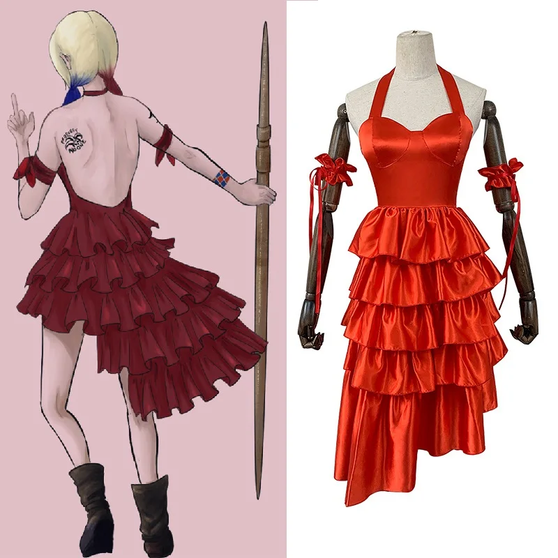 Movie Suicide Harley Cosplay Costume Squad Quinn Woman Red Layered Fancy Dress Harleen Mesh Ball Gown Girl Slip Dress Halloween