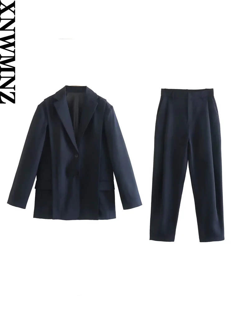 

XNWMNZ 2023 Women Fashion Oversize Pocket Blazer or Mid-waist Zip Straight Pants High Street Female Chic 2-piece Set