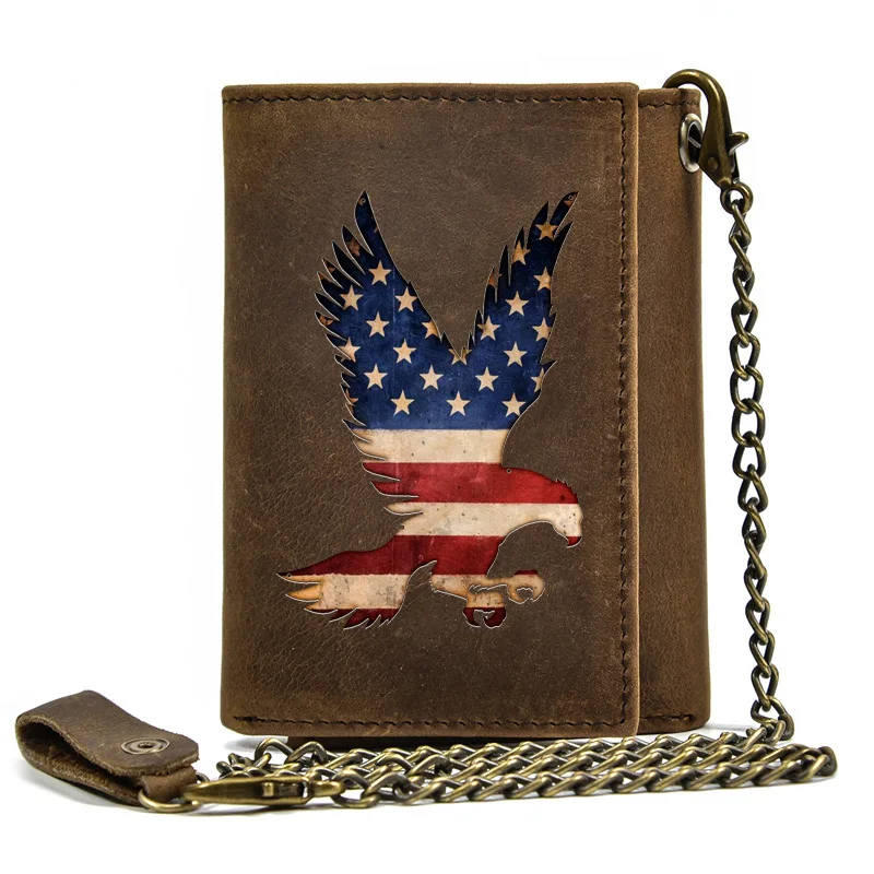 

Genuine Leather Men Wallet Anti Theft Hasp With Iron Chain Classic American Flag Eagle Cover Card Holder Rfid Short Purse BT3625