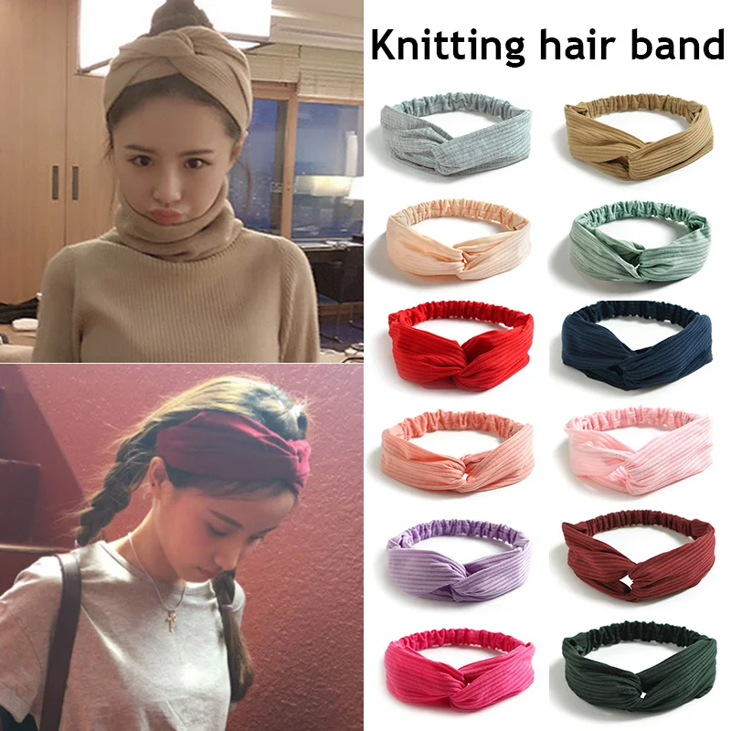 

Вязаная хлопковая повязка на голову однотонная винтажная Мягкая повязка тюрбан витая повязка на голову эластичная вязаная повязка для вол...