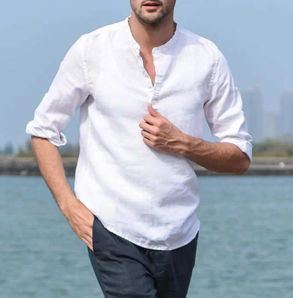 

Men Three Quarter Vintage Linen Solid Short Sleeve Retro T Shirts Tops Blouse Men Dress Shirt