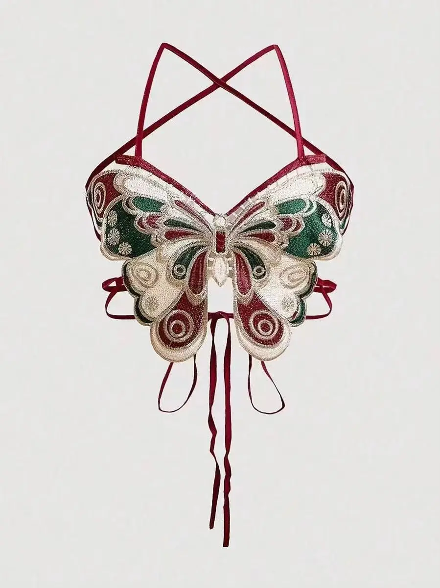 Женский укороченный топ без рукавов с вышивкой бабочки