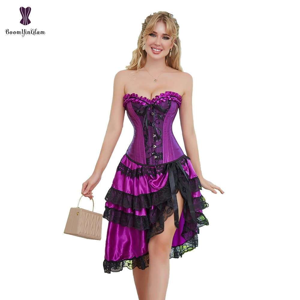

Purple Black Gothic Burlesque Overbust Corset Sexy Purple Dancer Dress Lingerie Showgirl Top With Layed Skirt